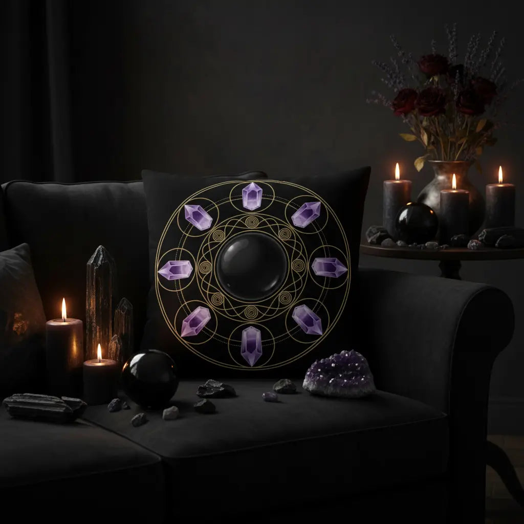 Pure Black Obsidian Sphere Amethyst Circle Gold Sacred Geometry Pillow Dark Mystical Scene
