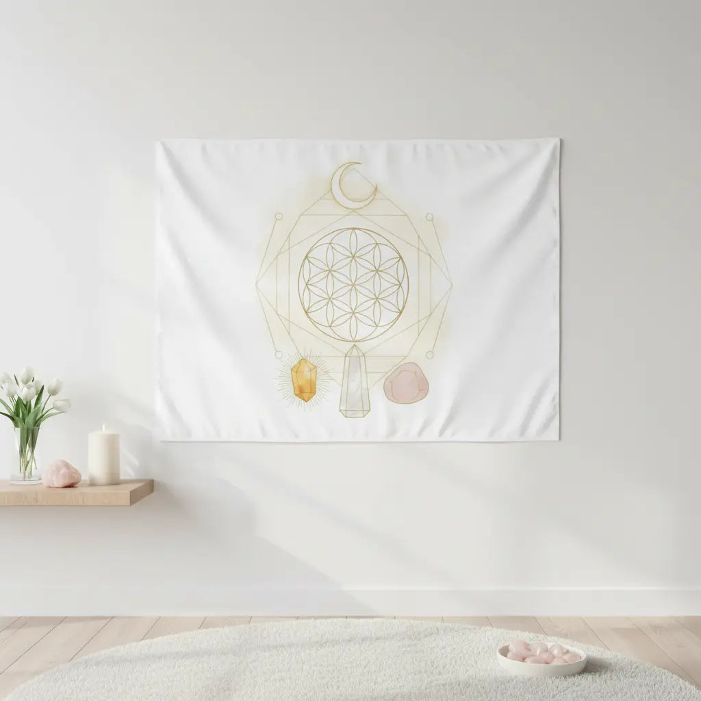 Pure White Gold Octagon Flower of Life Moon Three Crystals Tapestry Minimal Lifestyle Scene