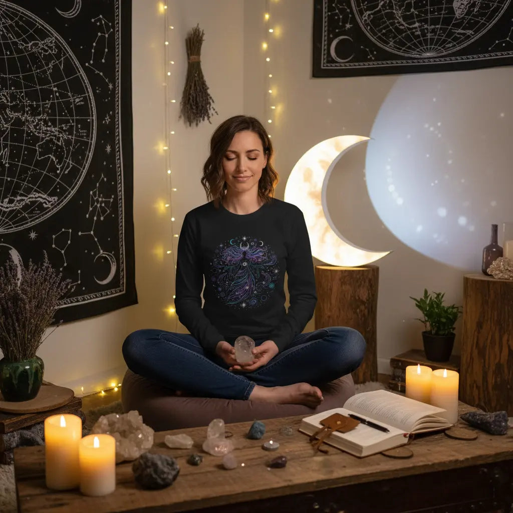Purple Cosmic Goddess Long Sleeve Tee Lifestyle Scene