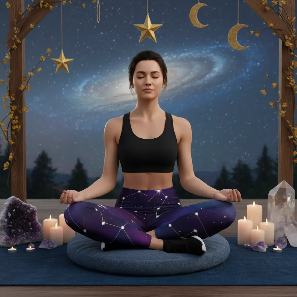 Purple Cosmic Starry Constellation Leggings Front View Lifestyle Scene