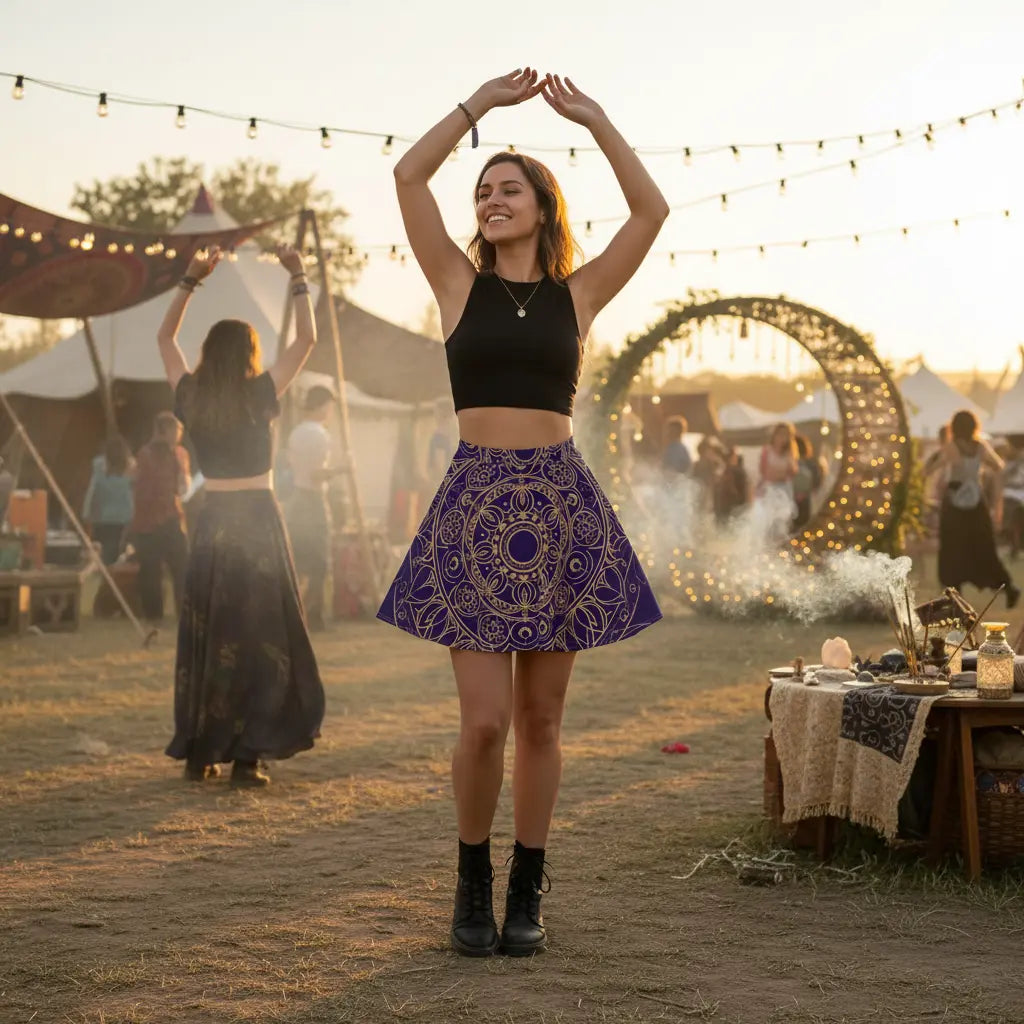 Purple Gold Moon Phases Mandala Skater Skirt Lifestyle Scene