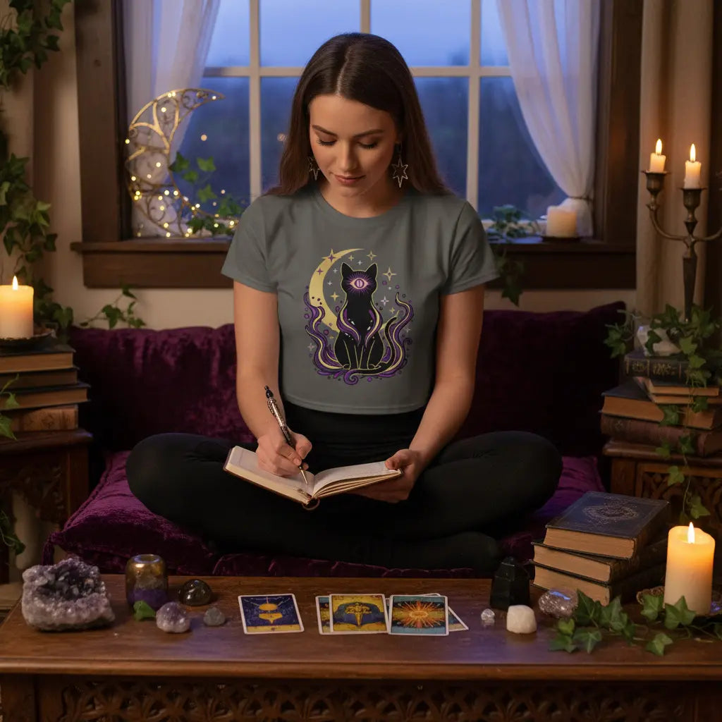 Purple Mystical Black Cat Moon Crop Tee Lifestyle Scene