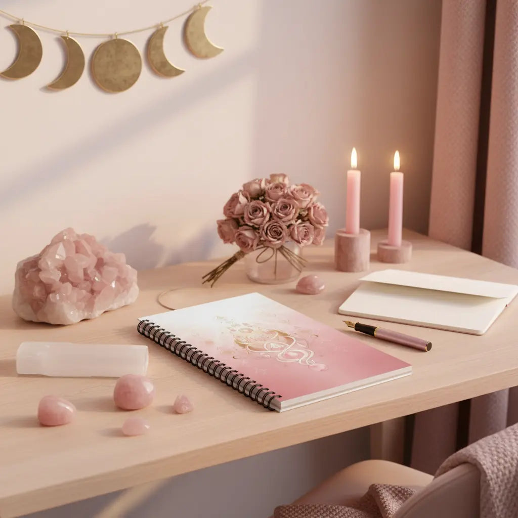 Rose Pink Crystal Tower DNA Sacred Geometry Notebook Lifestyle Scene
