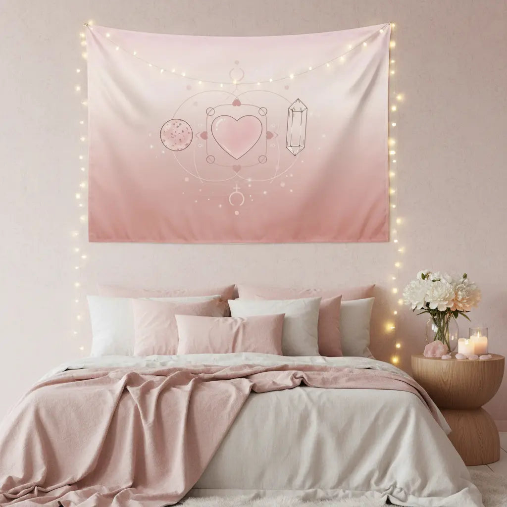 Rose Quartz Heart Moon Crystal Tapestry Bedroom Scene Regenerated