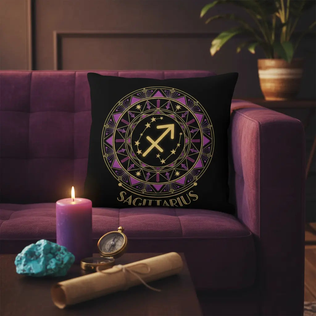 Sagittarius Art Deco Purple Gold Arrow Mandala Zodiac Pillow Adventurous Lifestyle Scene