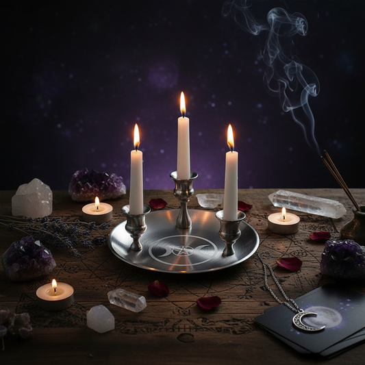 Silver Plated Three-Phase Moon Pentagram Ornament Metal Candle Holder - Ritual Magic Style