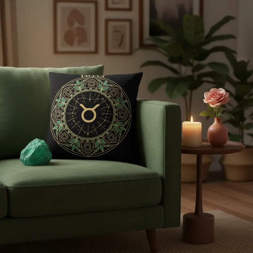 Taurus Art Nouveau Green Gold Botanical Mandala Zodiac Pillow Earthy Sensual Lifestyle Scene