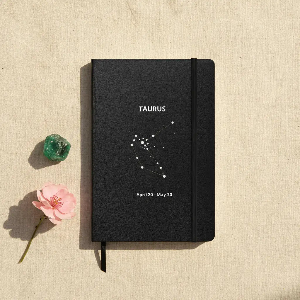 Taurus Constellation Slim Black Notebook Flat Lay Earthy Warm Lifestyle Scene