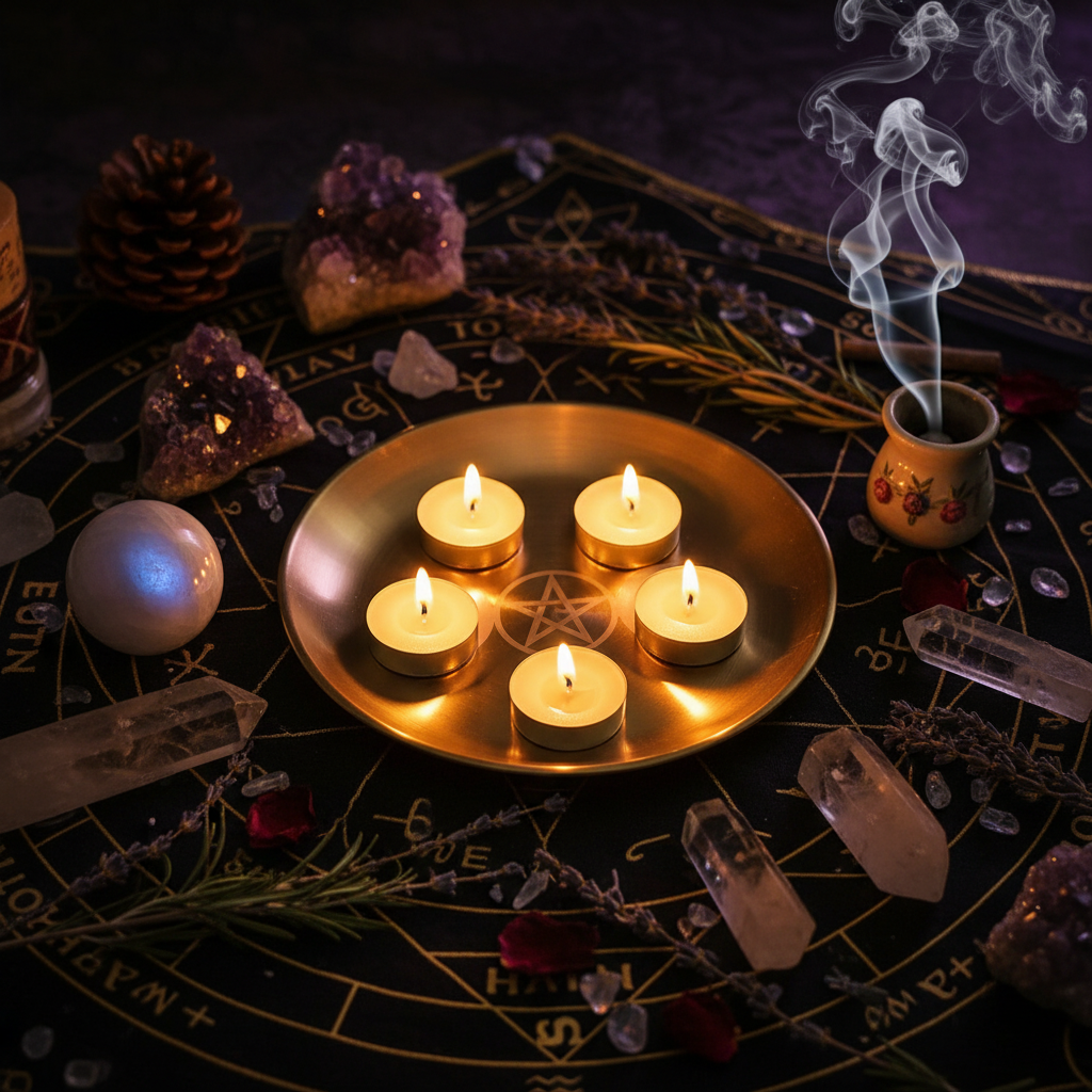 Three-Phase Moon Pentagram Ornament Metal Candle Holder Tray - Ritual Magic Style