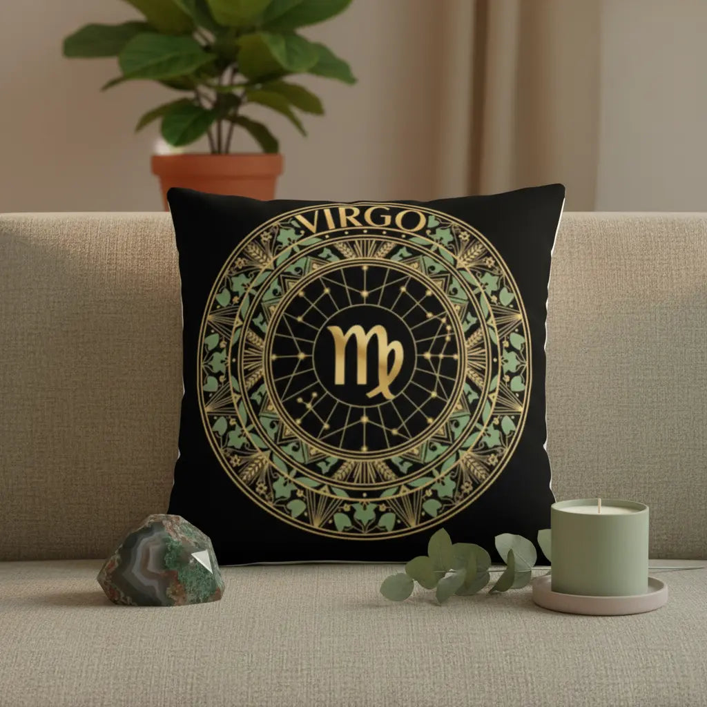 Virgo Art Nouveau Green Gold Botanical Mandala Zodiac Pillow Elegant Earthy Lifestyle Scene