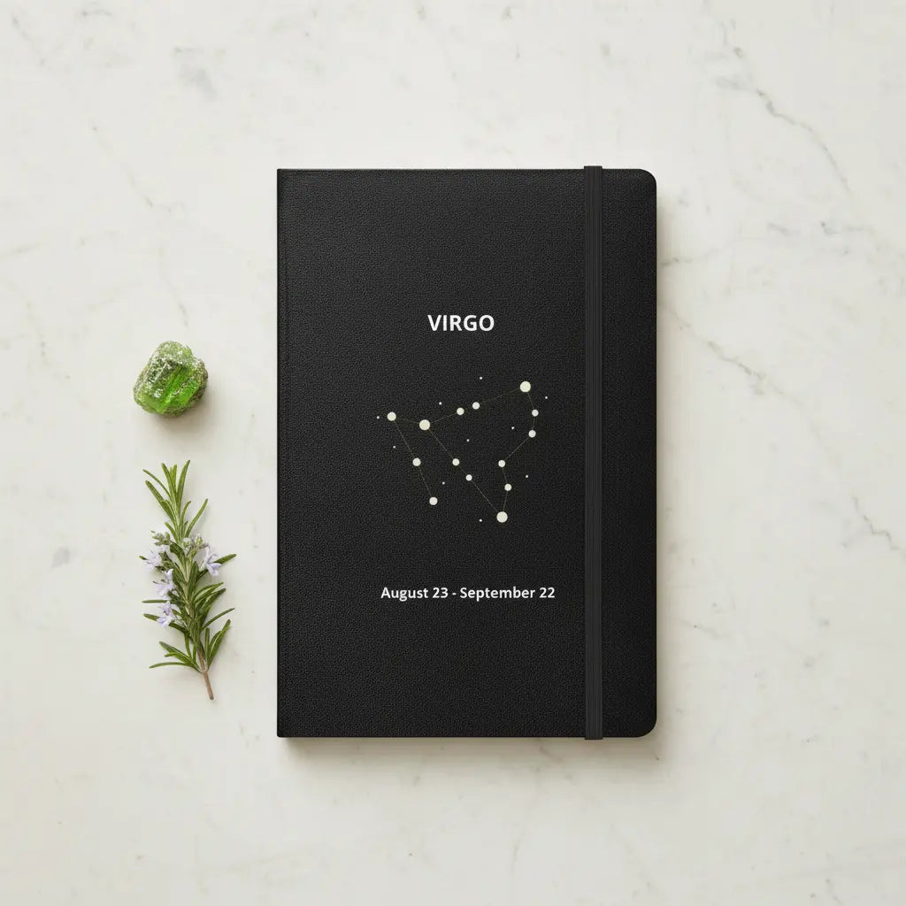 Virgo Constellation Slim Black Notebook Flat Lay Minimal Lifestyle Scene
