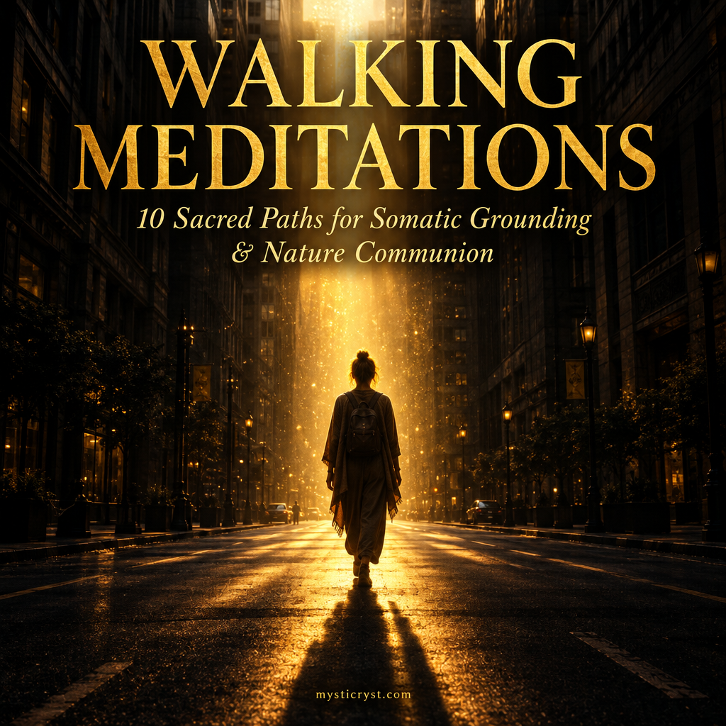 Walking Meditations — solitary mindful figure walking peacefully down an urban city avenue illuminated by a radiant golden beam of sunlight