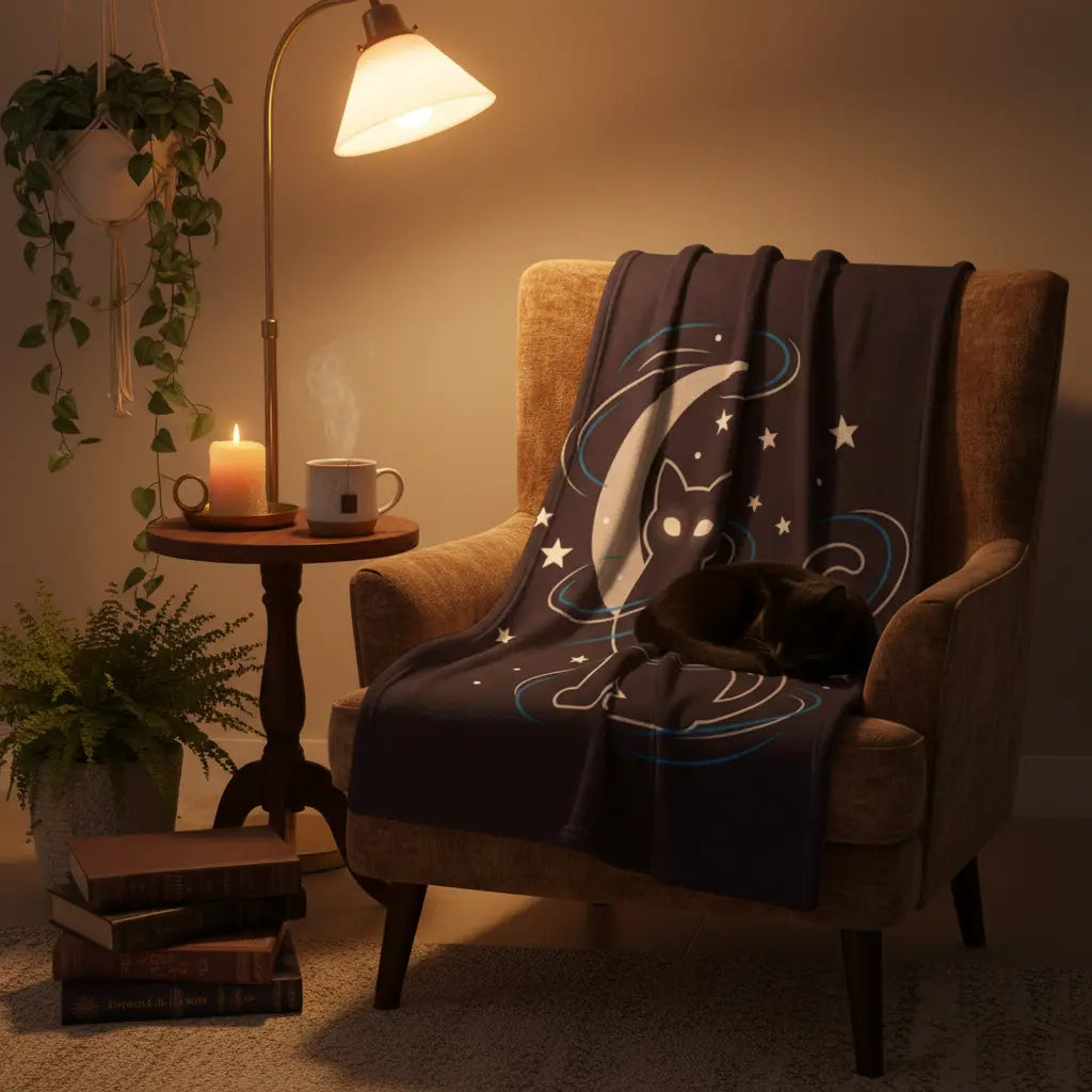 Witchy Black Cat Blanket - Cozy Reading Nook